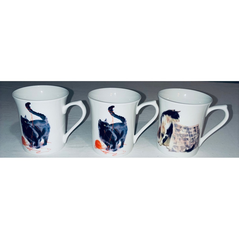 Set of 3 Cat Coffee Mugs Black Cat with Yarn and Calico Cat Ceramic Tea Cups - Picture 3 of 9